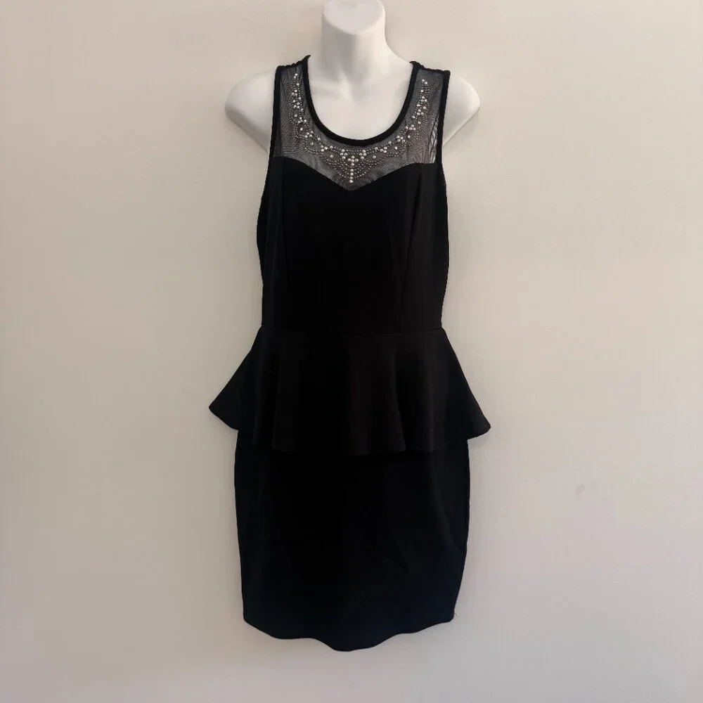 Black Rhinestone Mesh Peplum Dress | Size L/G - Picture 4 of 9